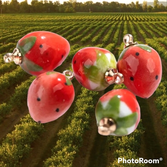 Handmade glass bead, ceramic strawberry charm bracelet w/ matching earrings. - Picture 6 of 8